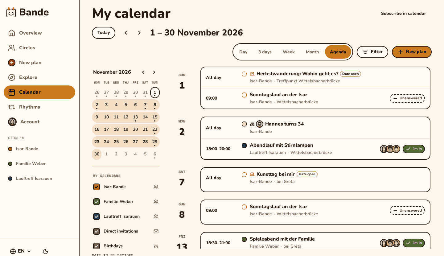 My calendar in agenda view: plans from three groups in November, each with its group colour and my answer, beside a month overview and group filters