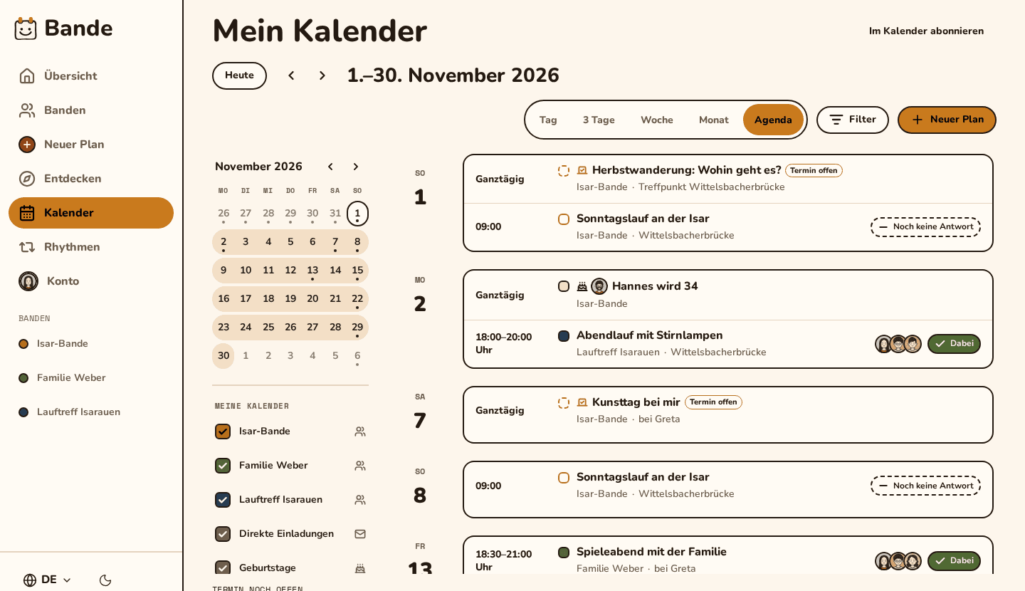 Mein Kalender in der Agenda-Ansicht: Pläne aus drei Gruppen im November, jeweils mit Gruppenfarbe und meiner Antwort, neben einer Monatsübersicht und Gruppenfiltern