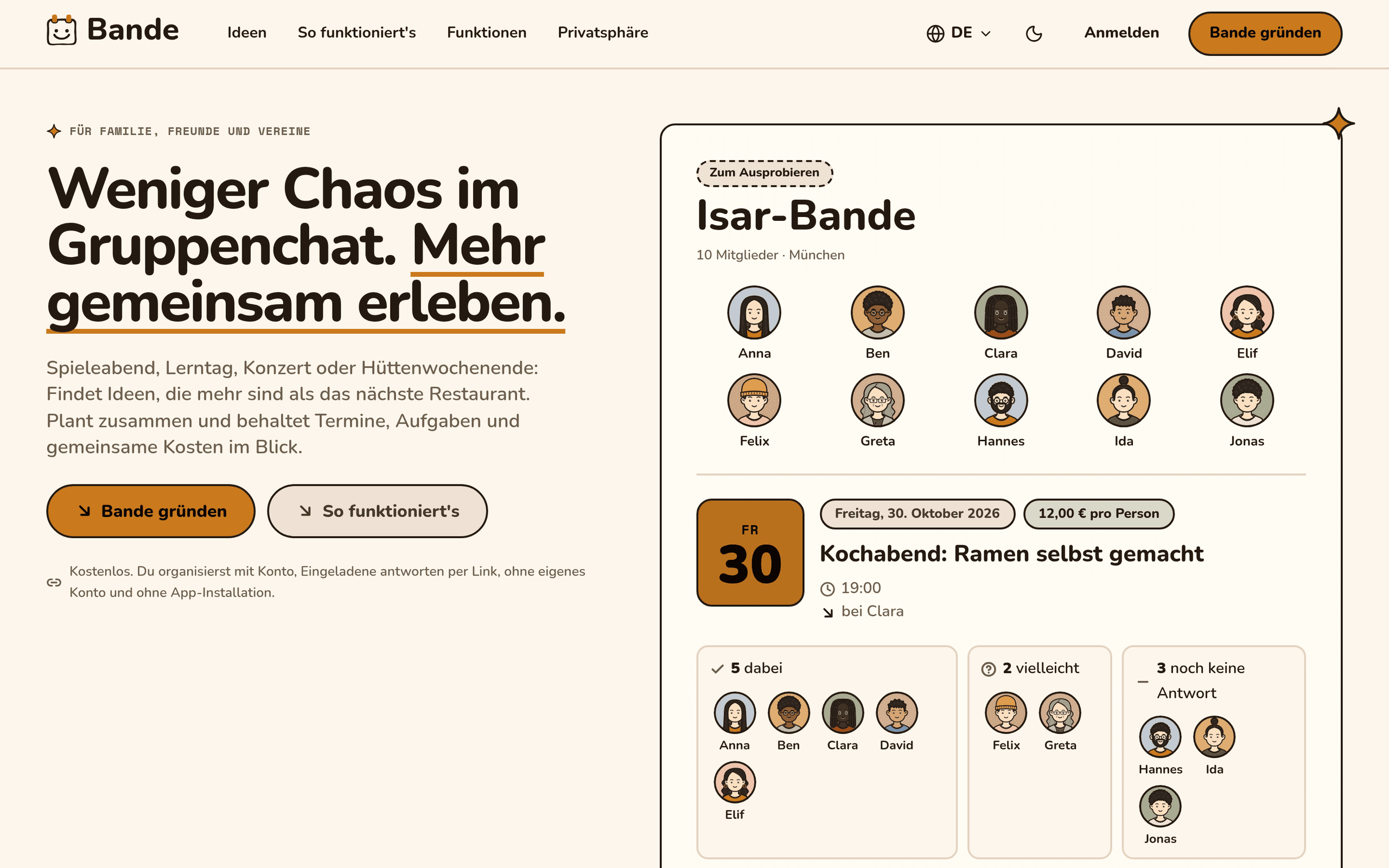Die Startseite von Bande: die Überschrift Weniger Chaos im Gruppenchat, Mehr gemeinsam erleben neben einer Demo-Gruppe mit zehn illustrierten Personen und einem Kochabend mit ihren Antworten