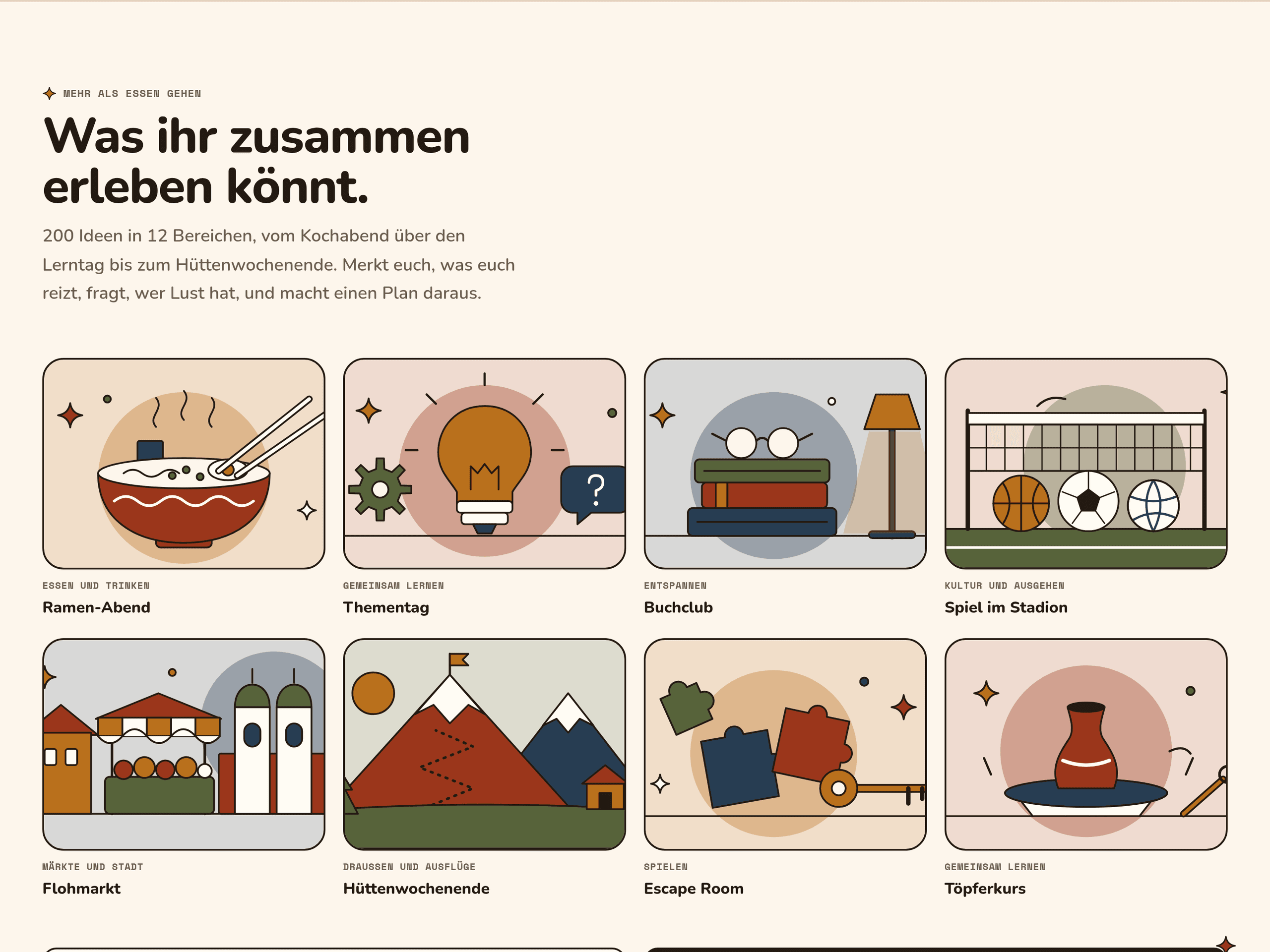 Illustrierte Ideenkarten auf der Startseite: Ramen-Abend, Thementag, Buchclub, Stadionbesuch, Flohmarkt, Hüttenwochenende, Escape Room und Töpferkurs