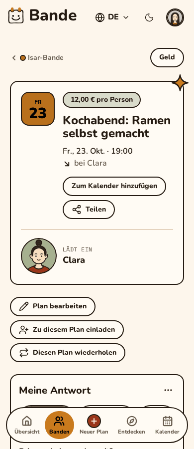 Ein Plan auf dem Smartphone mit Datum, Gastgeberin und Antwortknöpfen