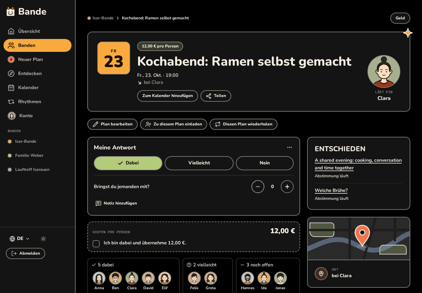 Ein Kochabend im dunklen Modus: Datumsblock, Gastgeberin, Kosten pro Person, die Antwortknöpfe Dabei, Vielleicht und Nein, entschiedene Umfragen und eine Karte