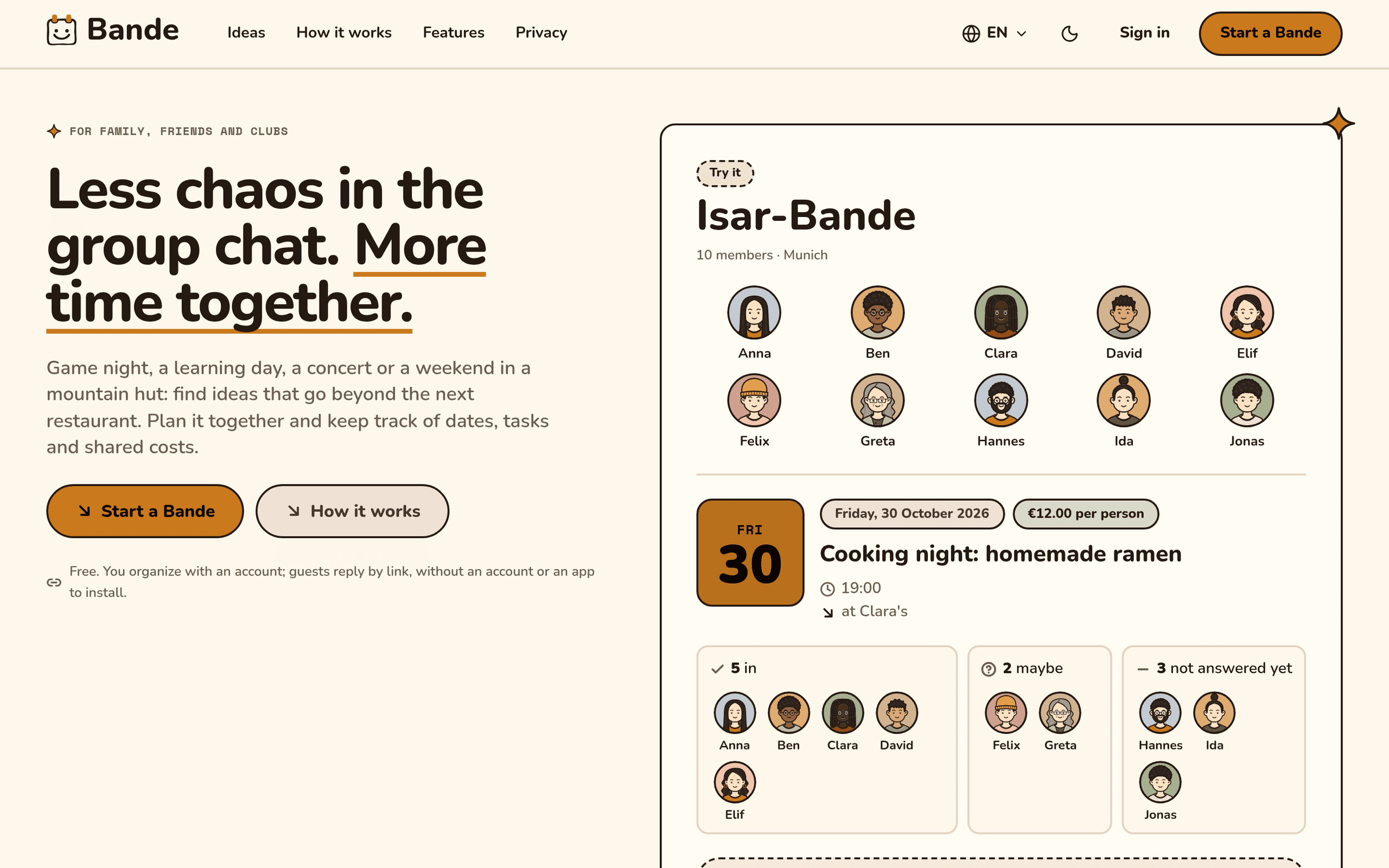 The Bande landing page: the headline Less chaos in the group chat, More time together, beside a demo group of ten illustrated people and a cooking night with their answers