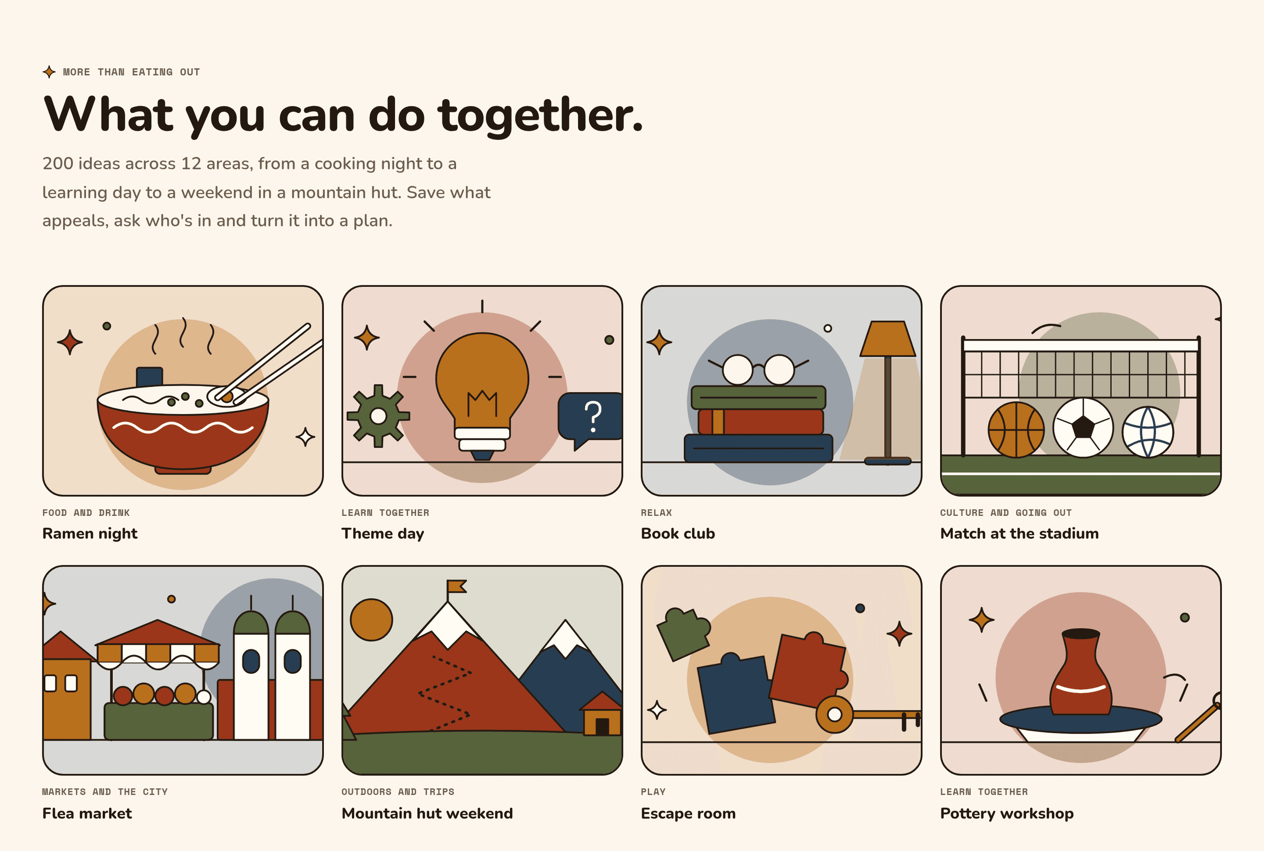 Illustrated idea cards on the landing page: ramen night, theme day, book club, match at the stadium, flea market, mountain hut weekend, escape room and pottery workshop