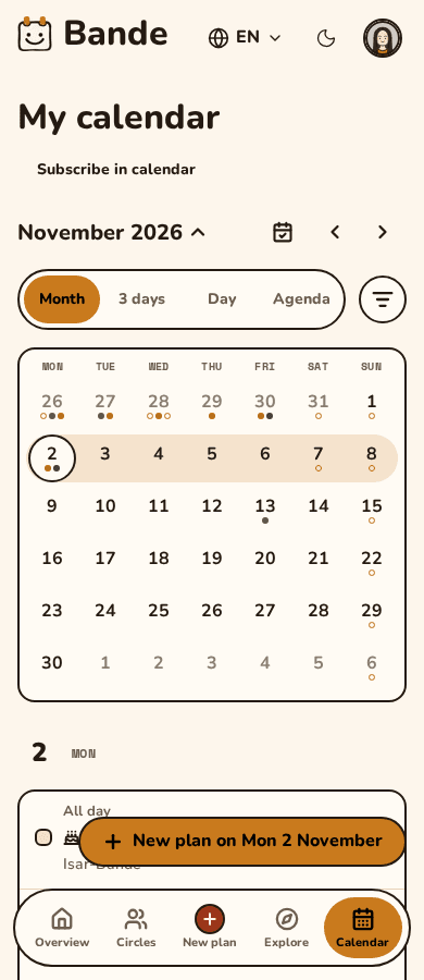 The month calendar on a phone