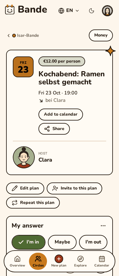 A plan on a phone with the date, host and answer buttons