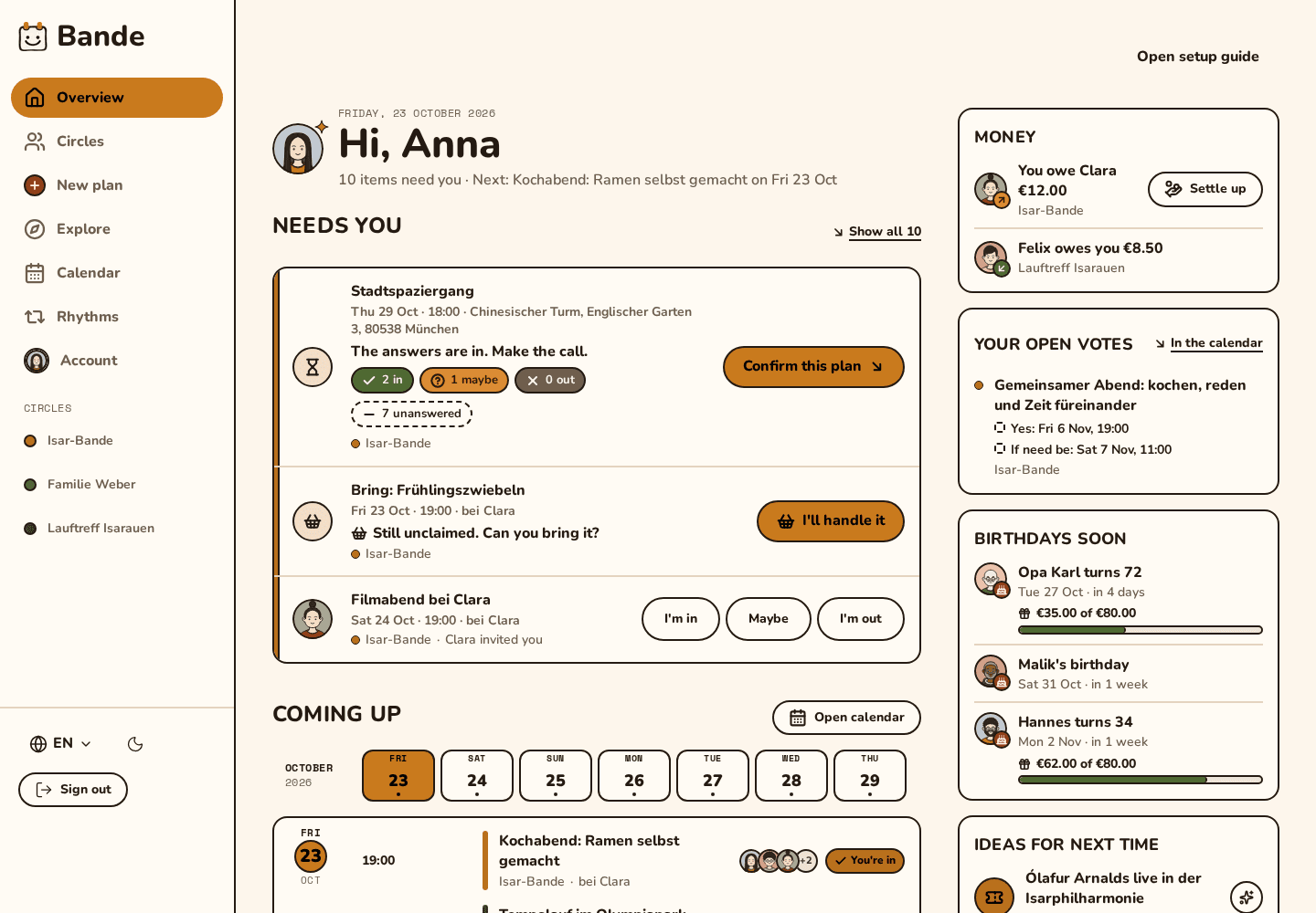 The Bande overview for Anna: plans that need her, a plan to confirm, an unclaimed item to bring, money owed, upcoming birthdays and ideas for next time