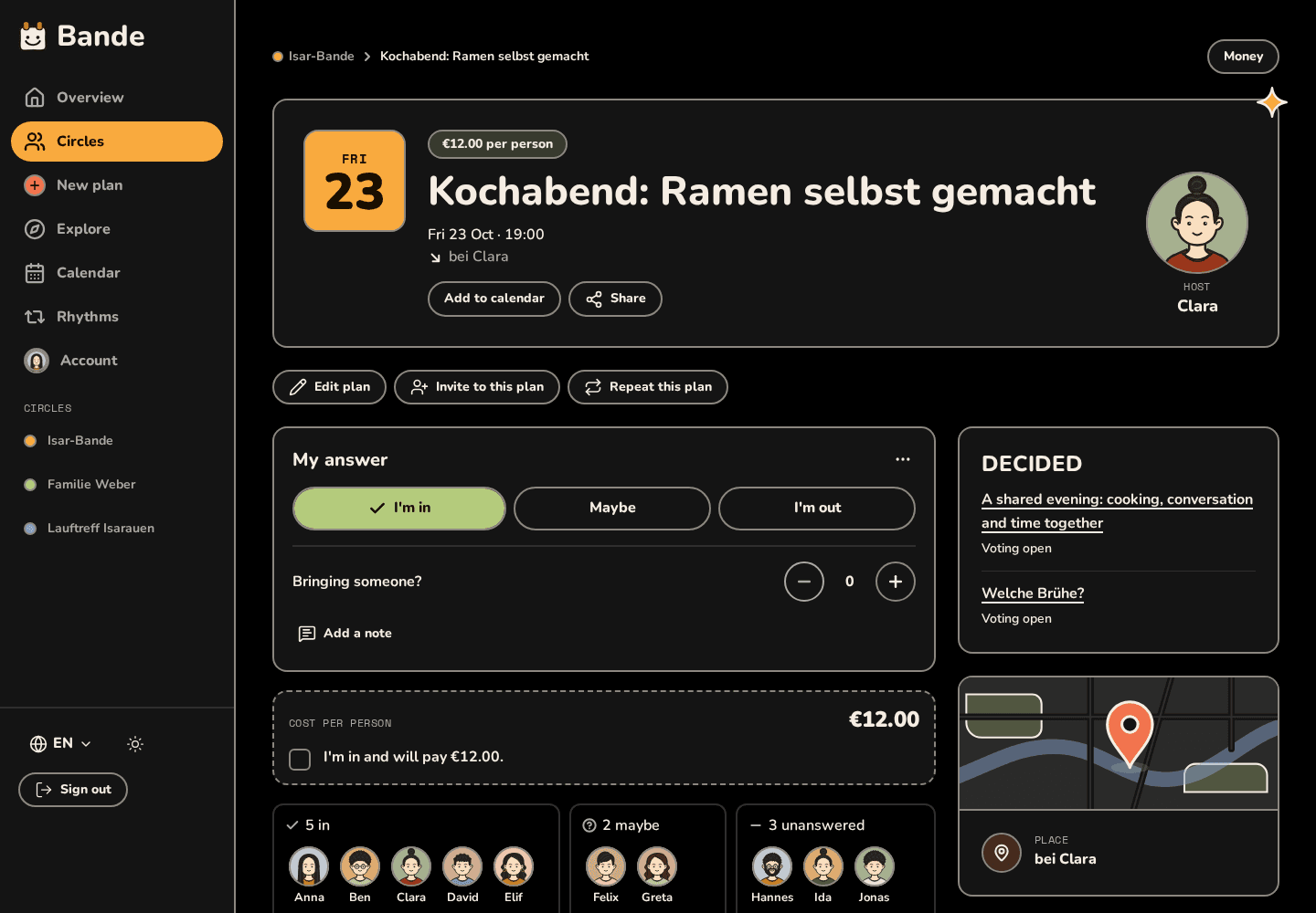 A cooking night plan in dark mode: date block, host, cost per person, the answer buttons I'm in, Maybe and I'm out, decided polls and a map