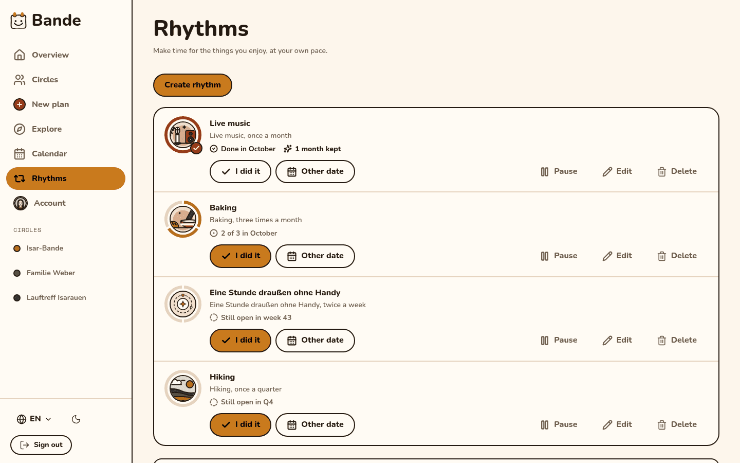 Die Seite Rhythmen: Livemusik einmal im Monat, Backen dreimal im Monat, eine Stunde draußen ohne Handy zweimal pro Woche und Wandern einmal im Quartal, jeweils mit Fortschritt und einem Knopf zum Abhaken