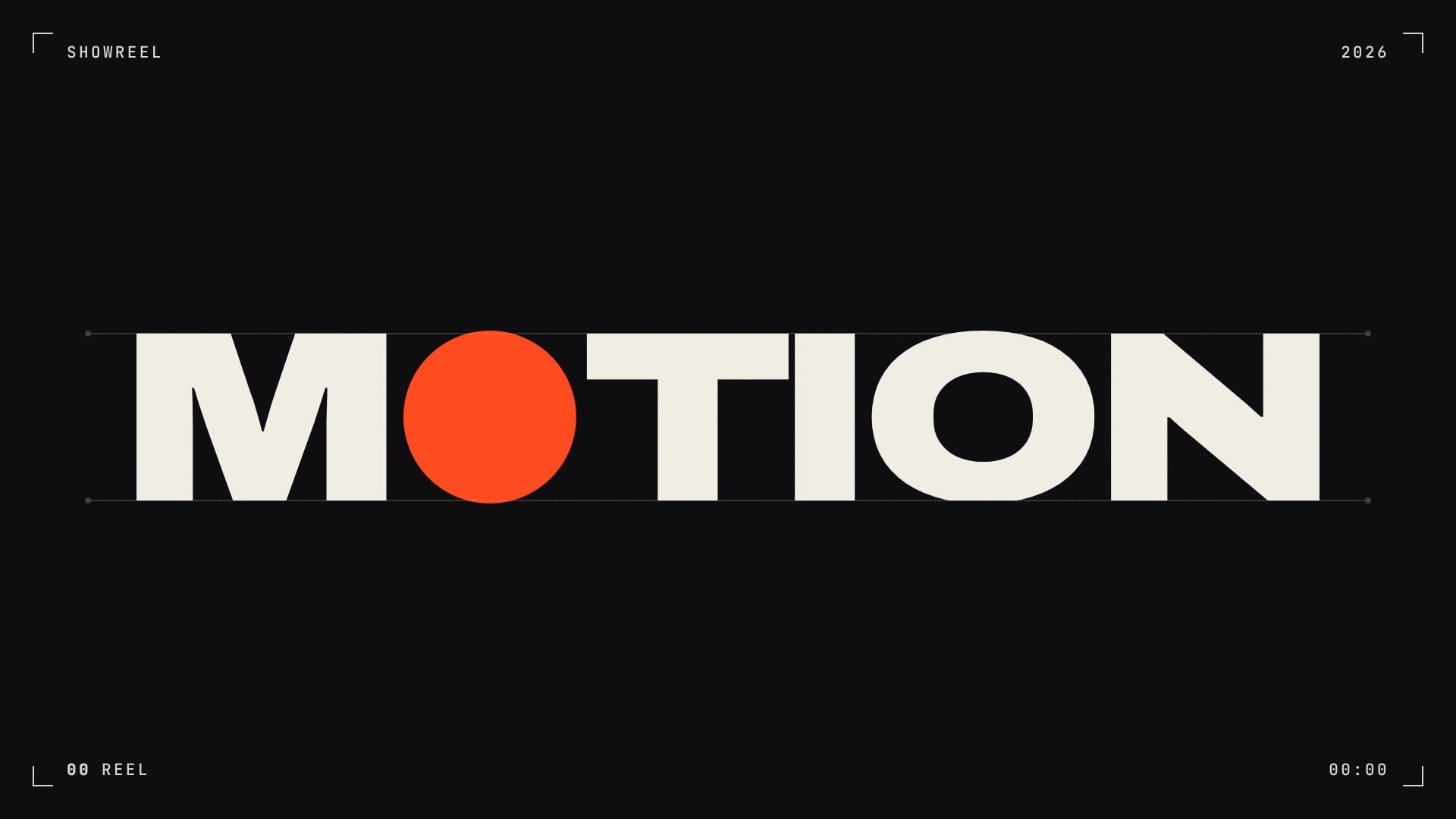 Motion design showreel: an orange-red dot bounces across a Bauhaus tile grid, through kinetic type, a glass lens and a particle ring, and settles back into the MOTION wordmark.