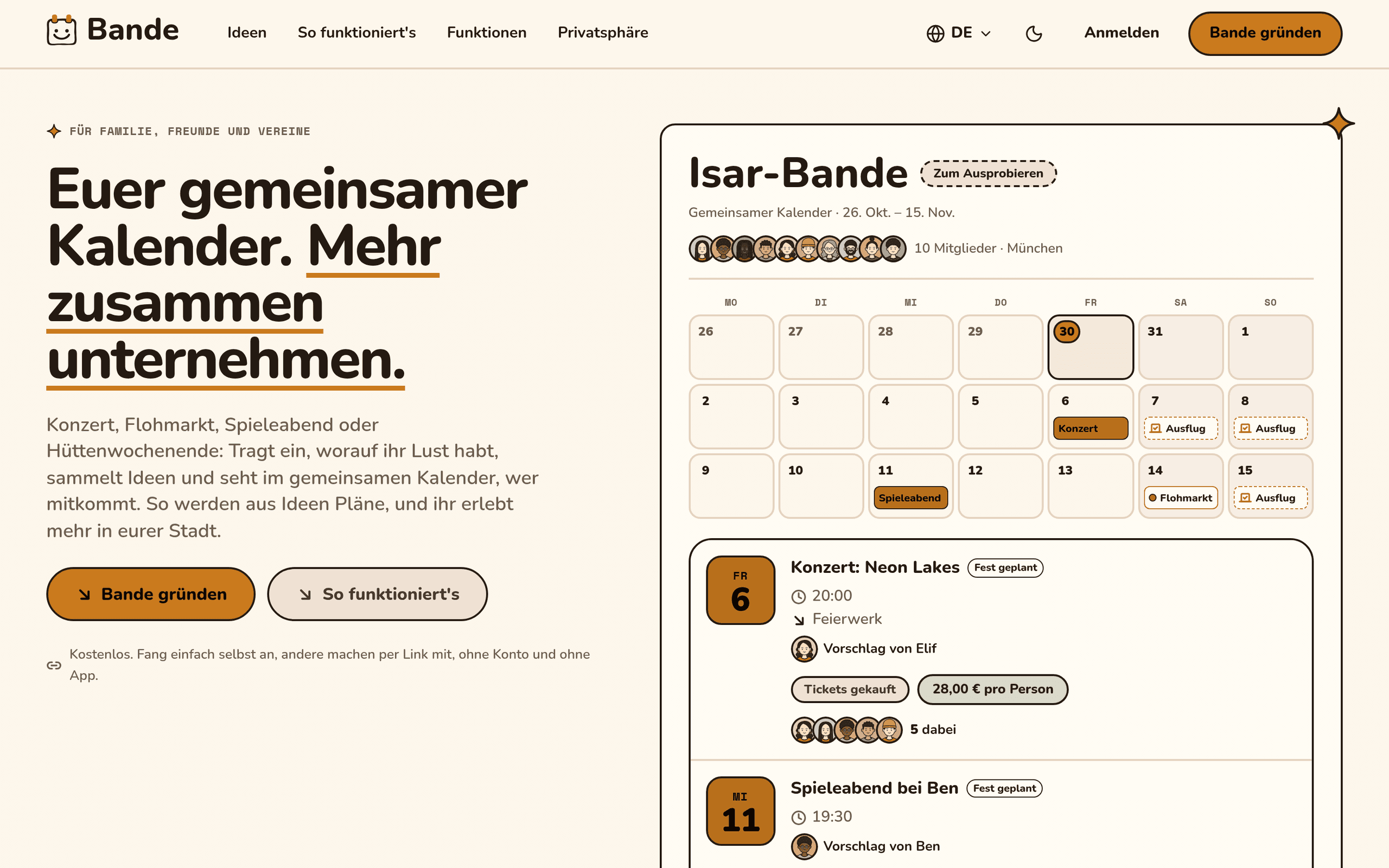 Die Startseite von Bande: die Überschrift Euer gemeinsamer Kalender, Mehr zusammen unternehmen, neben dem gemeinsamen Kalender einer Demo-Gruppe mit Konzert, Spieleabend, Flohmarkt und Ausflügen