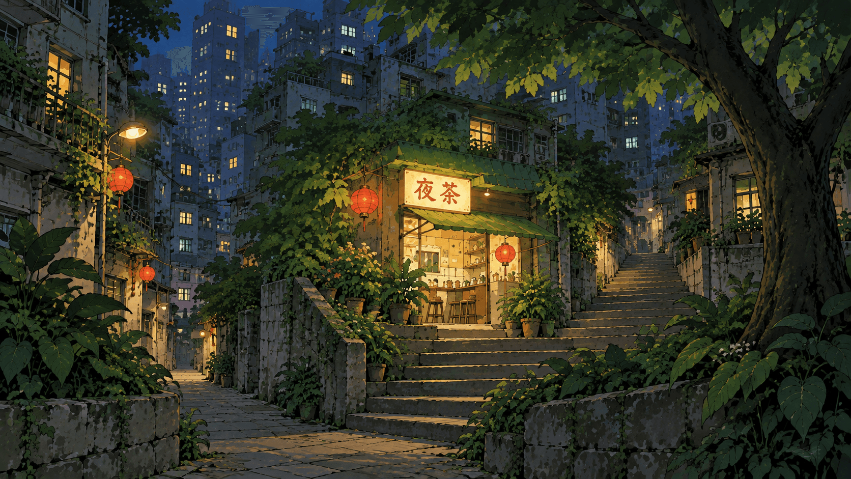 A lantern-lit tea shop between winding stone steps and leafy trees in a painted blue-green night city