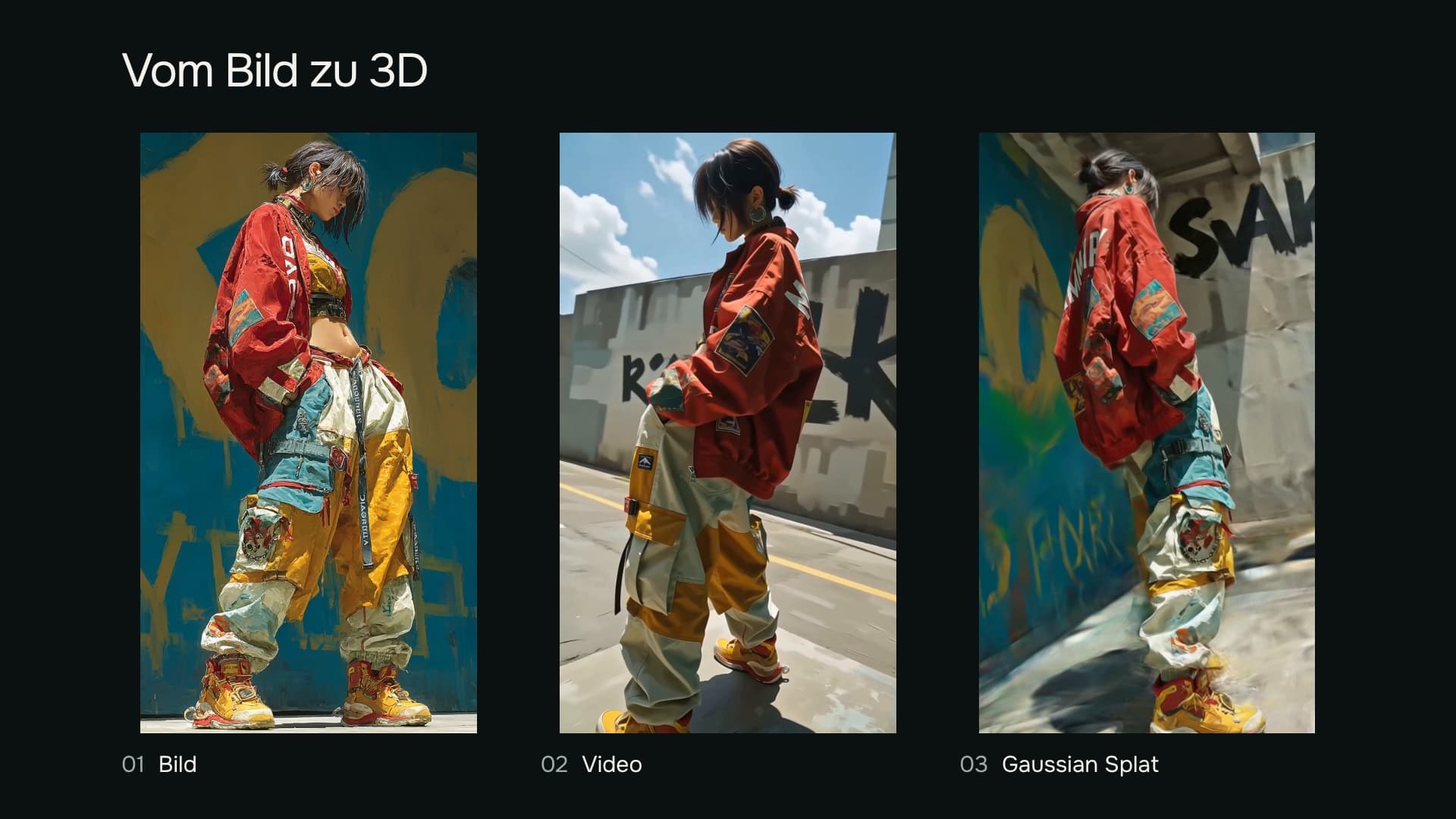Originalillustration, generiertes Video und rekonstruierter Gaussian Splat im Vergleich