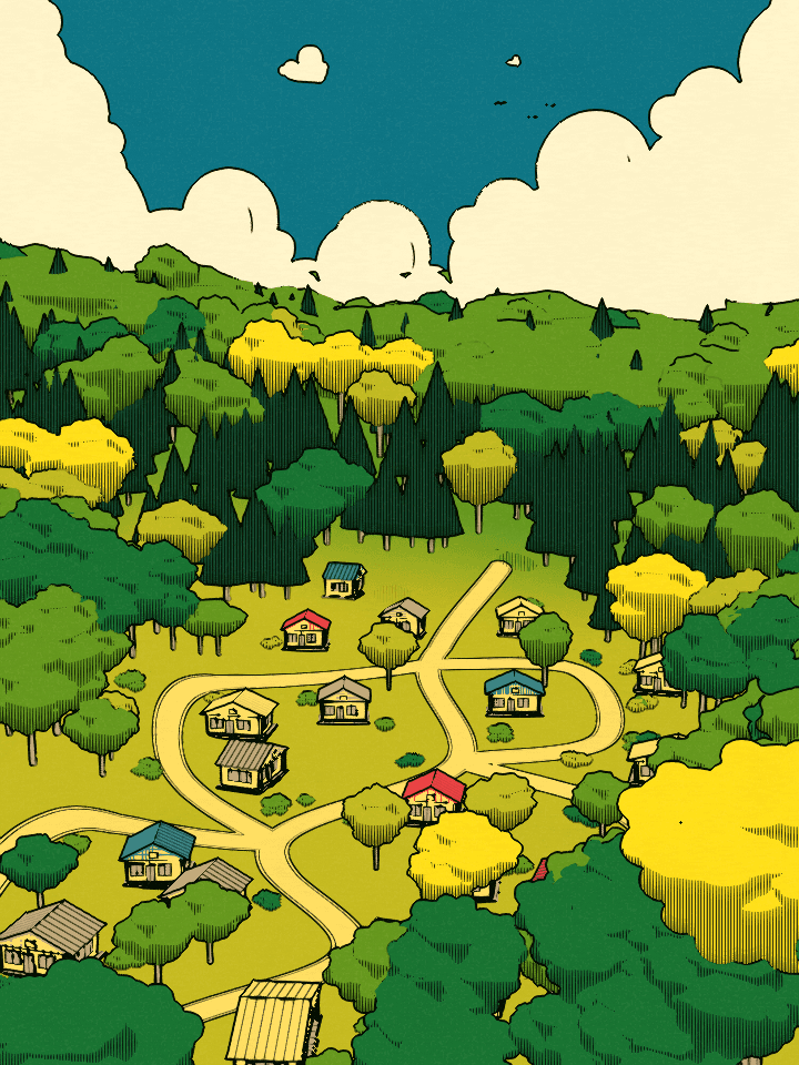 An illustrated village among green and yellow trees beneath a teal sky.