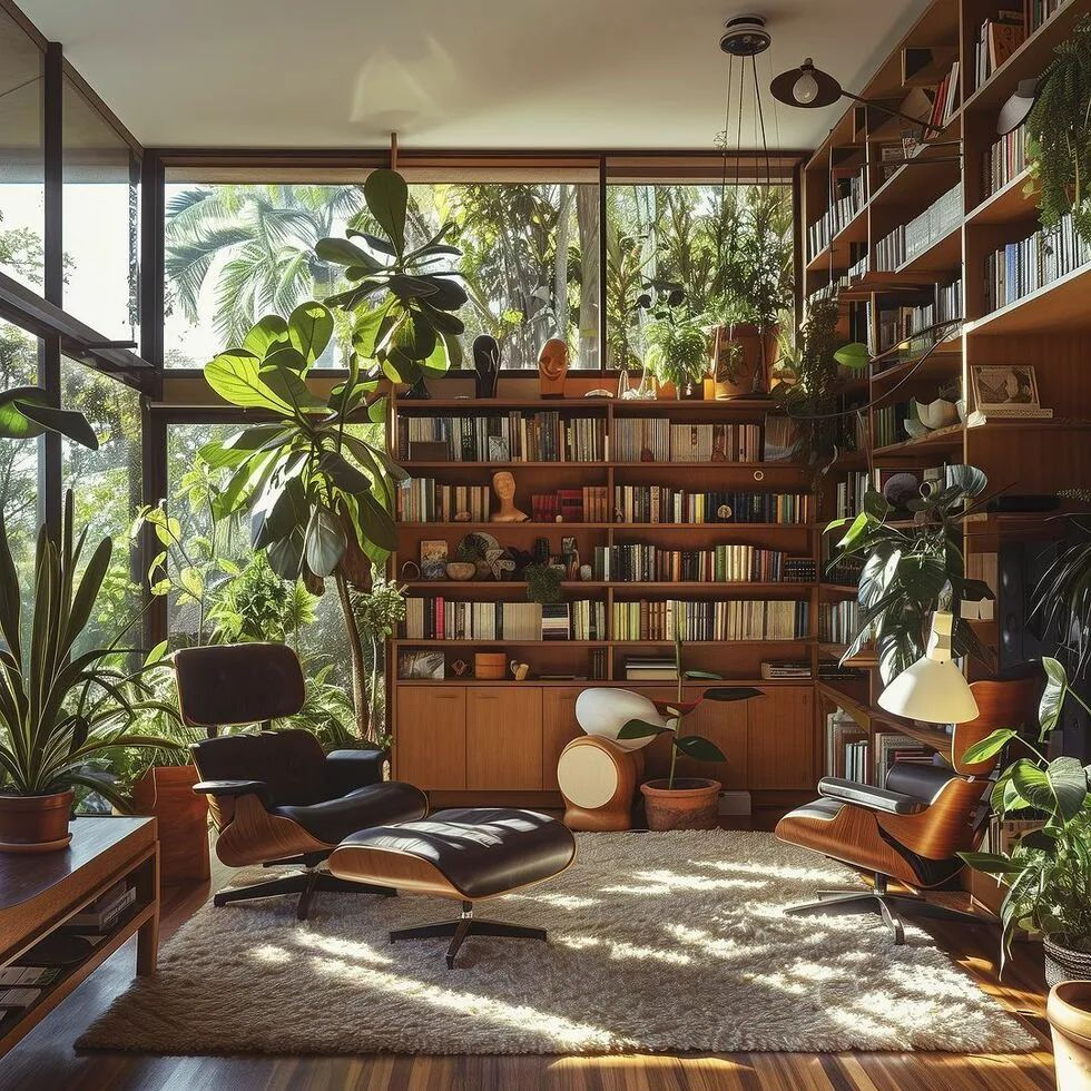 A sunlit library with wooden shelves, lounge chairs and plants