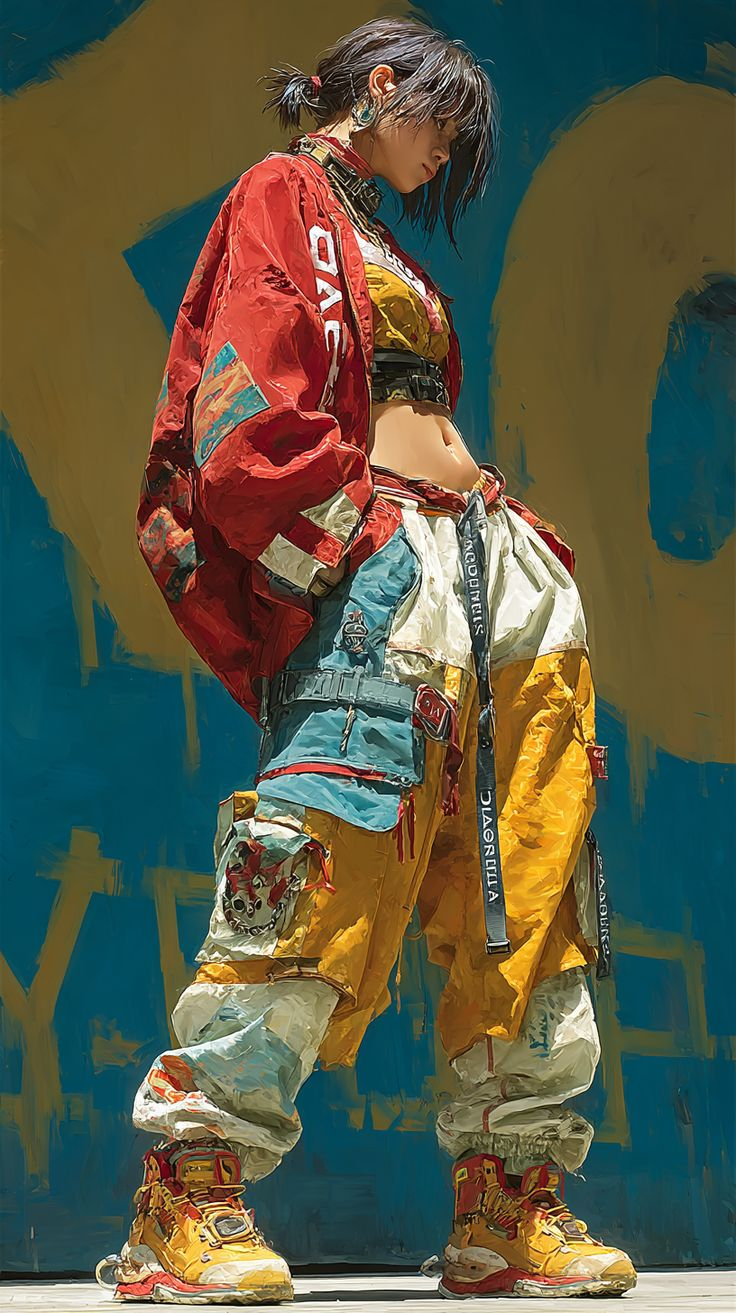 Painted character in a red jacket and yellow and turquoise trousers