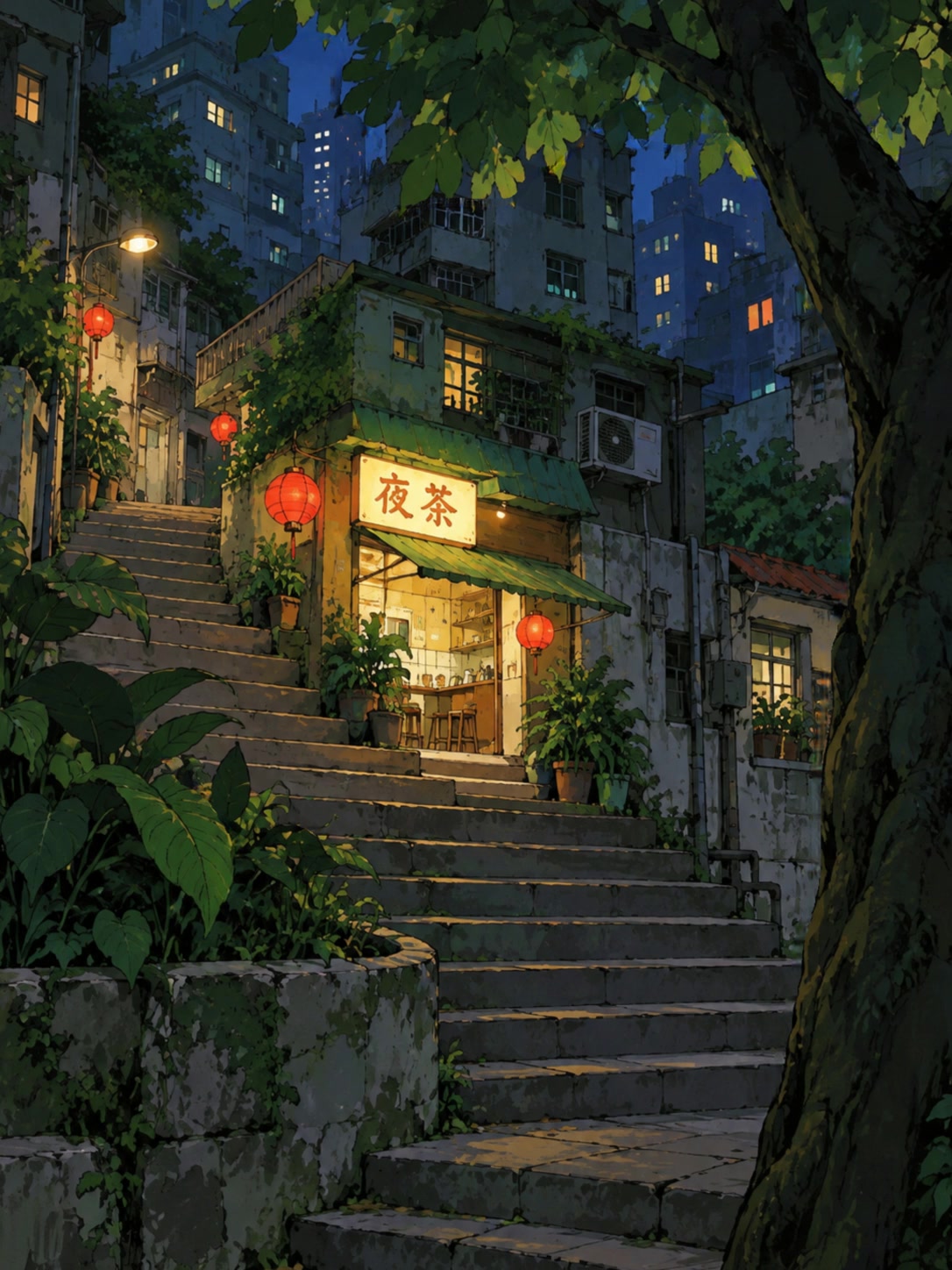 A painted night alley with a glowing shop, leafy trees and a stone staircase.