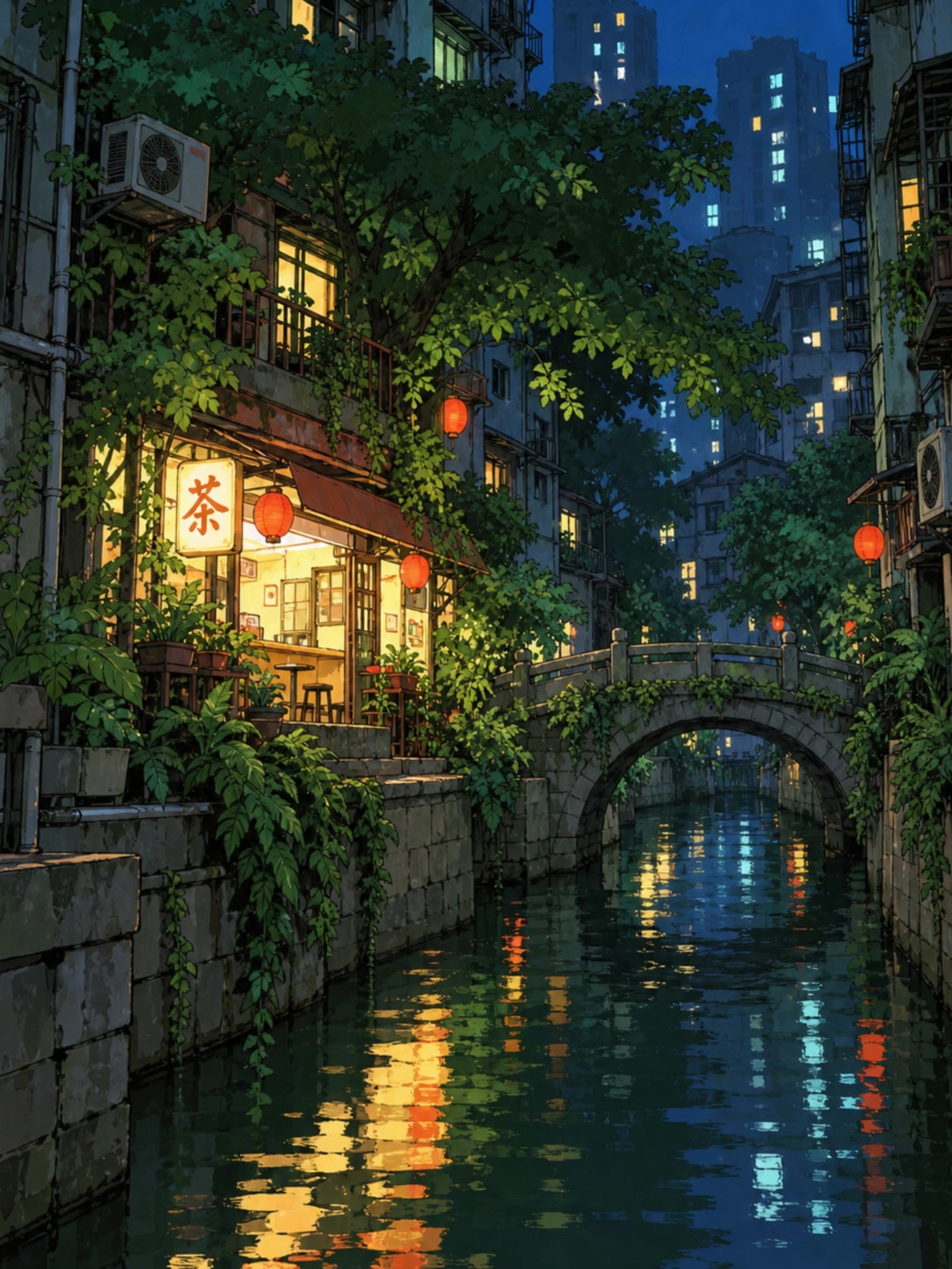 A painted canal at night, with a lantern-lit tea shop, a stone bridge and blue reflections.