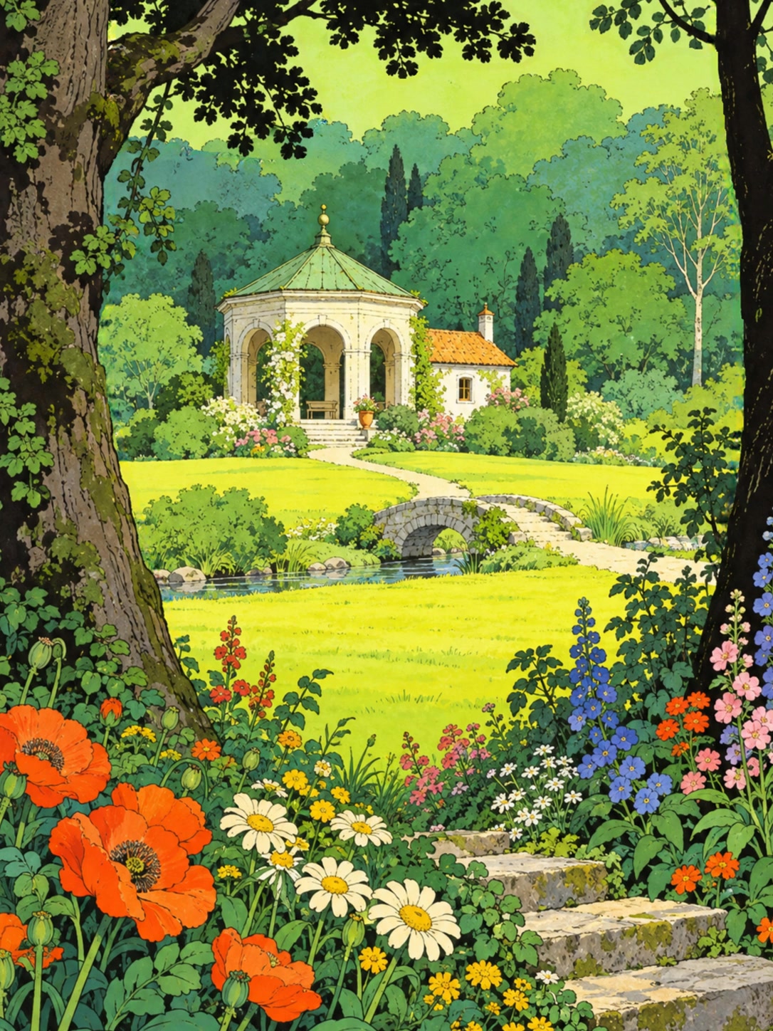 A bright storybook woodland garden with poppies, a stone footbridge and an ivory pavilion beyond the meadow.