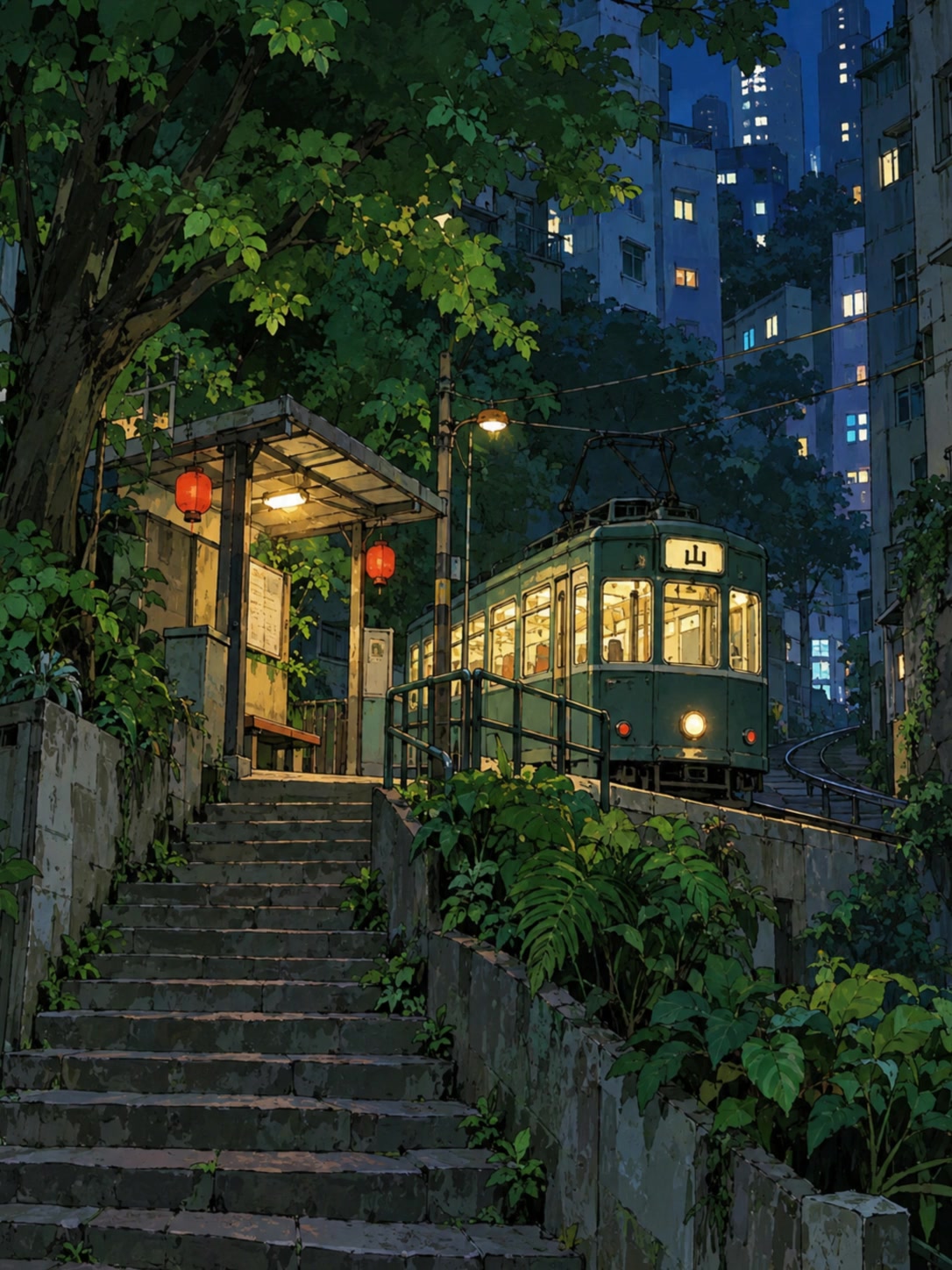 A green tram with warm glowing windows beside hillside steps and dense trees at night.