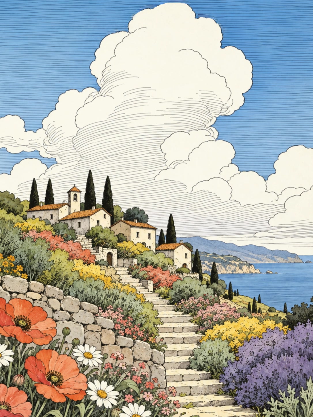 An ink and watercolor hill village above the sea, with flower-lined stone steps beneath towering hatched clouds.