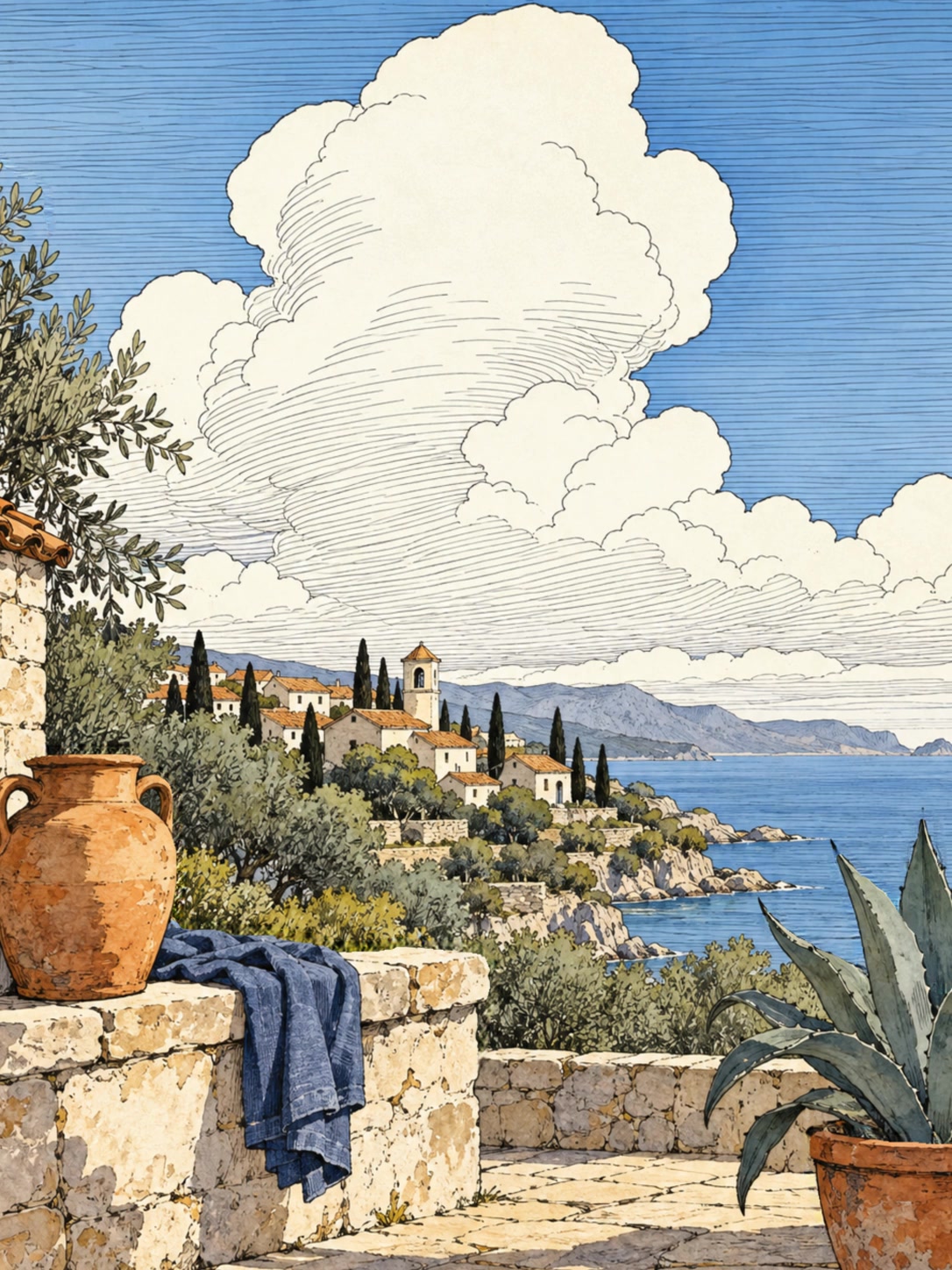 An ink and watercolor coastal village beyond a limestone terrace with weathered pottery, blue cloth and an agave beneath towering hatched clouds.